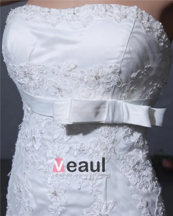 Tulle Applique Beaded Strapless Court Sheath Bridal Gown Wedding Dress
