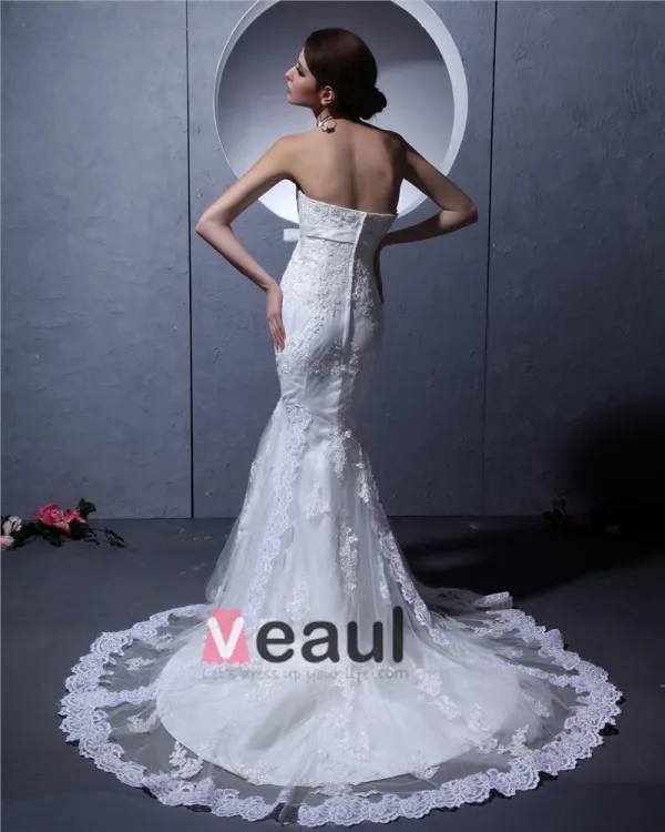 Tulle Applique Beaded Strapless Court Sheath Bridal Gown Wedding Dress