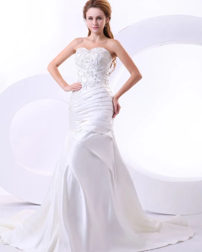 Beading Satin Ruffles Kjaereste Katedralen Tog Havfrue Brudekjoler Bryllupskjoler