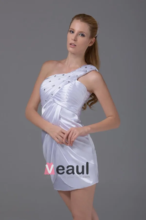 One Shoulder Thigh Length Beading Pleated Imitation Silk Women Cocktail Dress