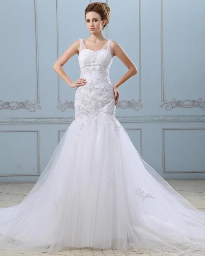 Ruffle Applikasjon Enkelt Breasted Tilbake Satin Grenadine Havfrue Brudekjoler Bryllupskjoler