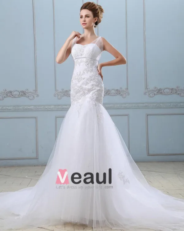 Rüscheapplique Einreiher Zurück Satin Grenadine Mermaid Brautkleid