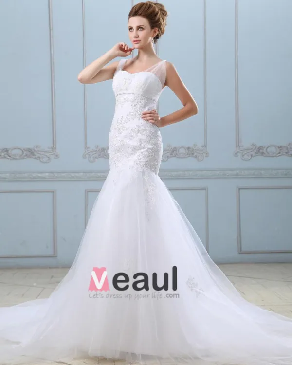 Rüscheapplique Einreiher Zurück Satin Grenadine Mermaid Brautkleid