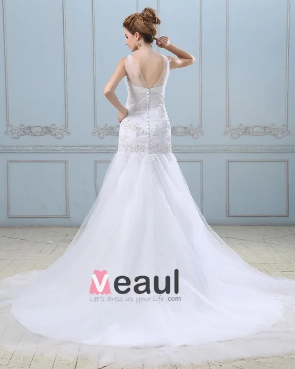 Rüscheapplique Einreiher Zurück Satin Grenadine Mermaid Brautkleid