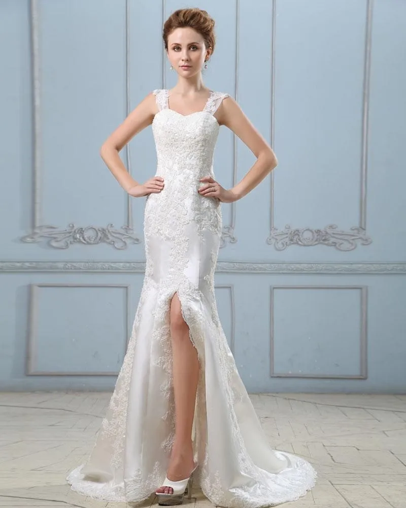 Applikasjon Satin Slit Ermelos Enkelt Breasted Tilbake Skjede Brudekjoler Bryllupskjoler