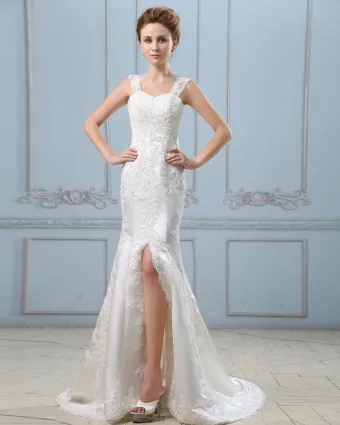 Applique Satin Slit Sleeveless Single Breasted Back Sheath Wedding Dress