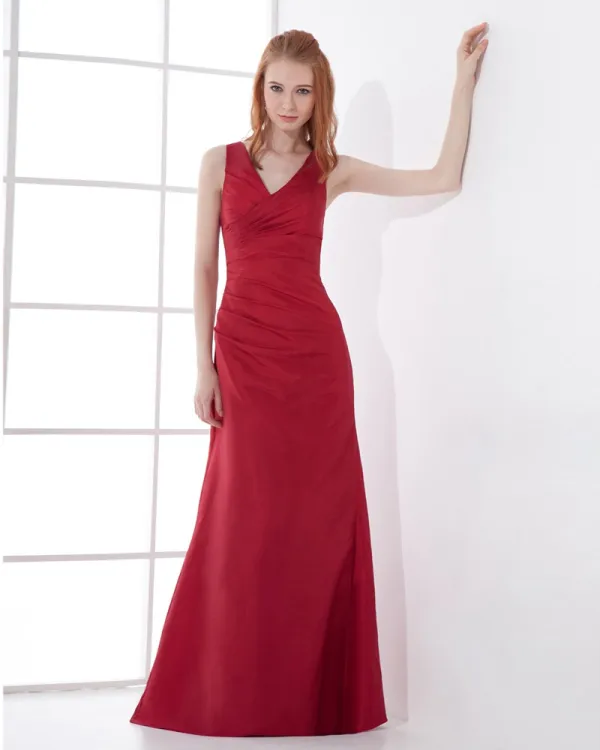 Mote Taffeta Plissert V Hals Gulv Lengde Brudepikekjoler