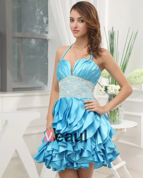 Silk Like Satin Silk Ruffle Beading Halter Mini Cocktail Dress