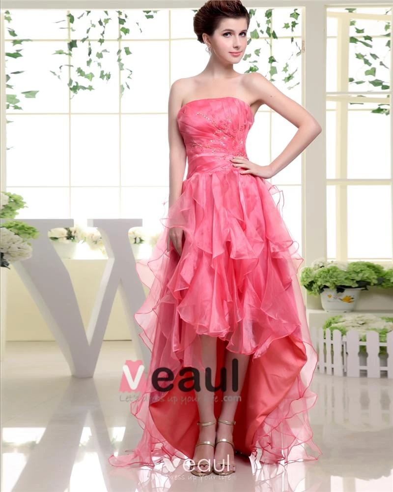 Strapless Sleeveless Zipper Pleated Beading Layered Dip Hem Ankle Length Woman Prom Dress