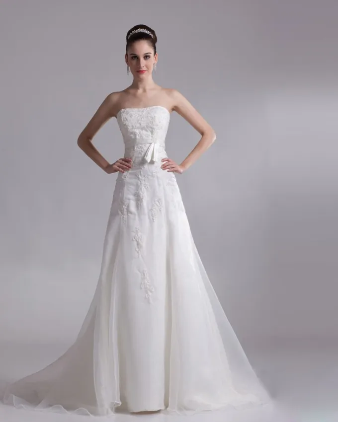 Strapless Applikere Gulv Lengde Organza Imperium Brudekjoler Bryllupskjoler