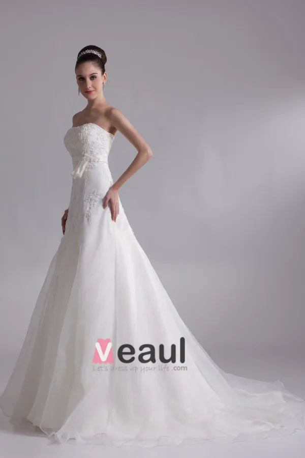 Strapless Applique Floor Length Organza Empire Wedding Dress