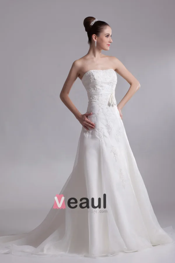Strapless Applique Floor Length Organza Empire Wedding Dress