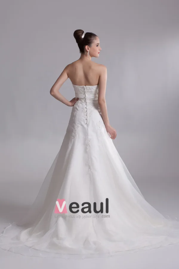 Strapless Applique Floor Length Organza Empire Wedding Dress