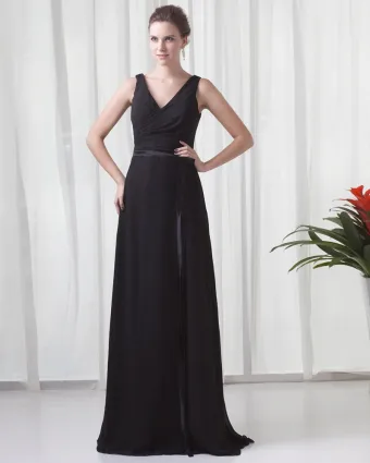 Formal V Neck Floor Length Ribbon Pleated Chiffon Bridesmaid Dress