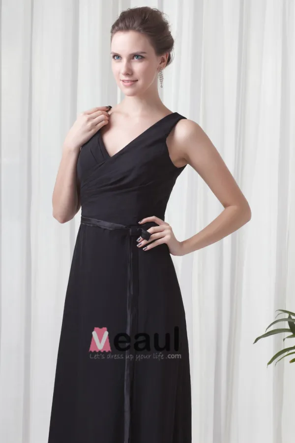 Formal V Neck Floor Length Ribbon Pleated Chiffon Bridesmaid Dress