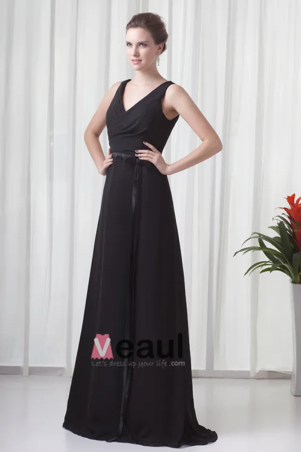 Formal V Neck Floor Length Ribbon Pleated Chiffon Bridesmaid Dress