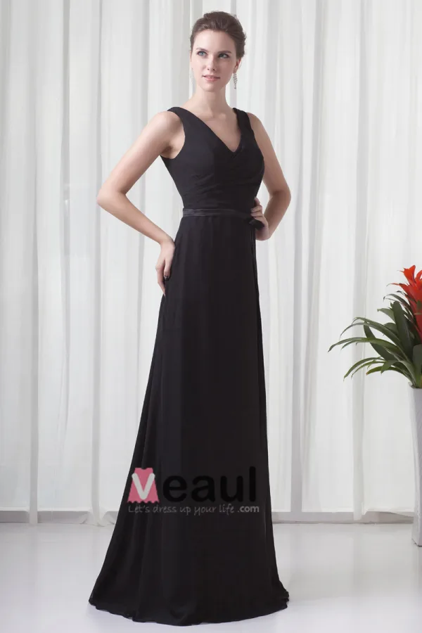 Formal V Neck Floor Length Ribbon Pleated Chiffon Bridesmaid Dress