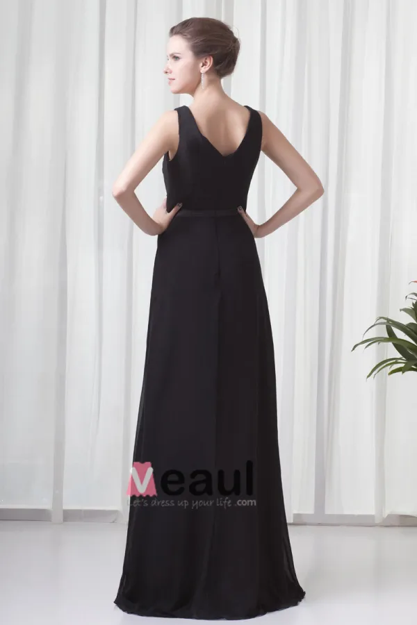 Formal V Neck Floor Length Ribbon Pleated Chiffon Bridesmaid Dress