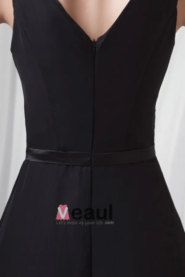 Formal V Neck Floor Length Ribbon Pleated Chiffon Bridesmaid Dress