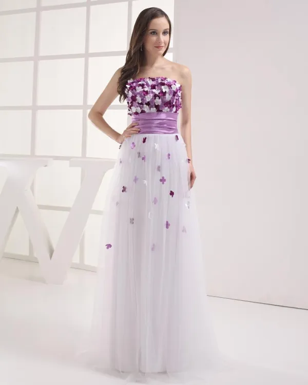 Strapless Floor Length Flowers Pleated Tulle Imitation Silk Women Prom Dress
