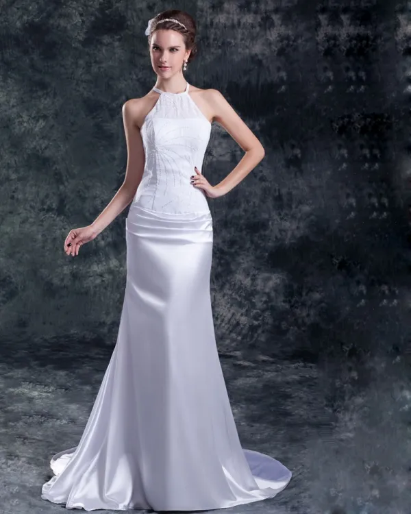 Chiffon Satin Sequins Jewel Court Train Sheath Wedding Dress