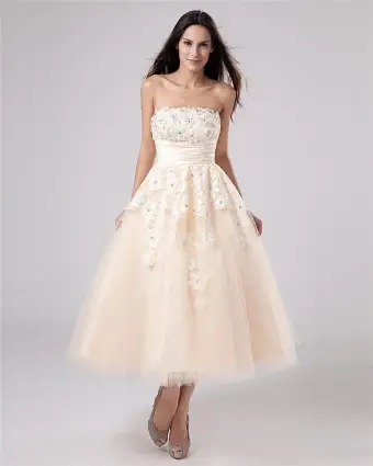 Applique Yarn Tea Length Strapless Mini Bridal Gown Wedding Dress