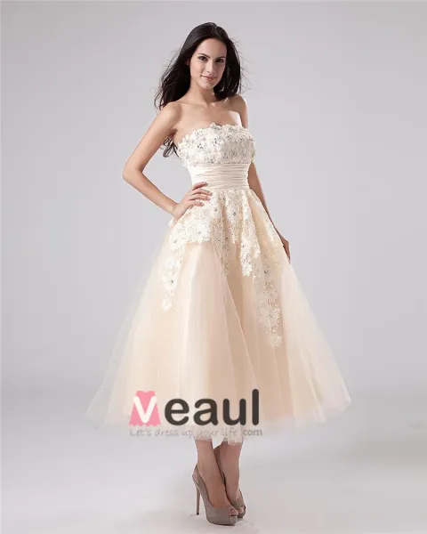 Applique Yarn Tea Length Strapless Mini Bridal Gown Wedding Dress