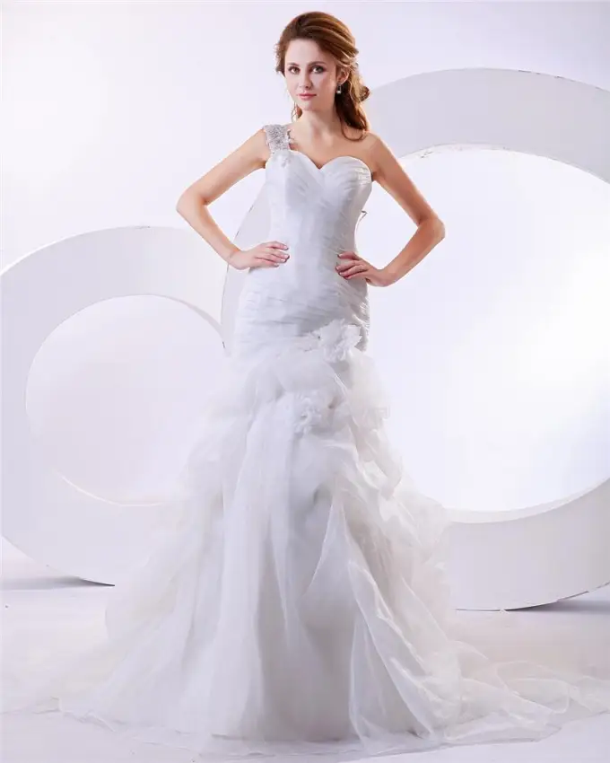 Organza Krusning Blomst En Skulder Katedralen Tog Havfrue Brudekjoler Bryllupskjoler