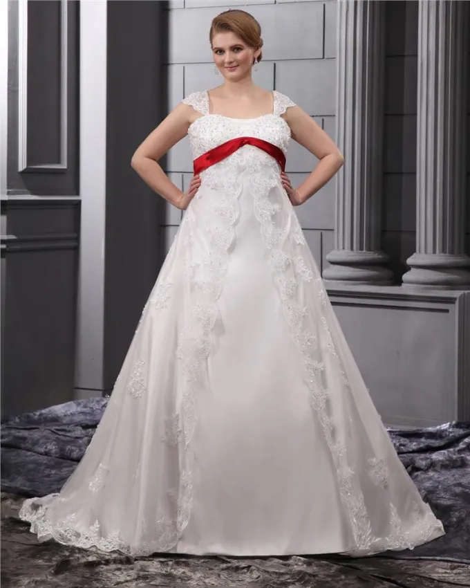 Blonder Perler Applikasjon Firkantet Hals Gulv Lengde Plus Size Brudekjoler Bryllupskjoler