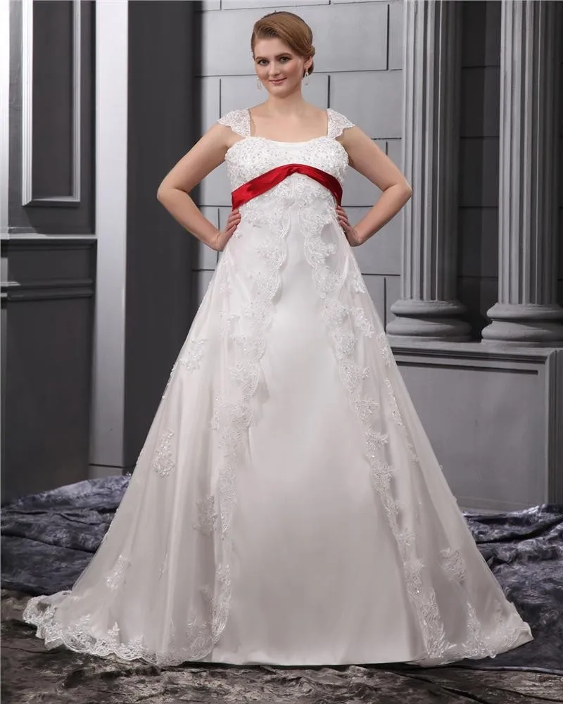 Blonder Perler Applikasjon Firkantet Hals Gulv Lengde Plus Size Brudekjoler Bryllupskjoler