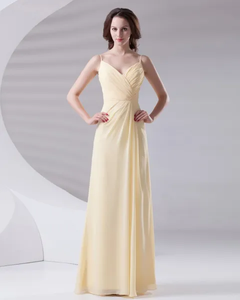 Slim Ruffle Design Spaghetti Floor Length Chiffon Bridesmaid Dress