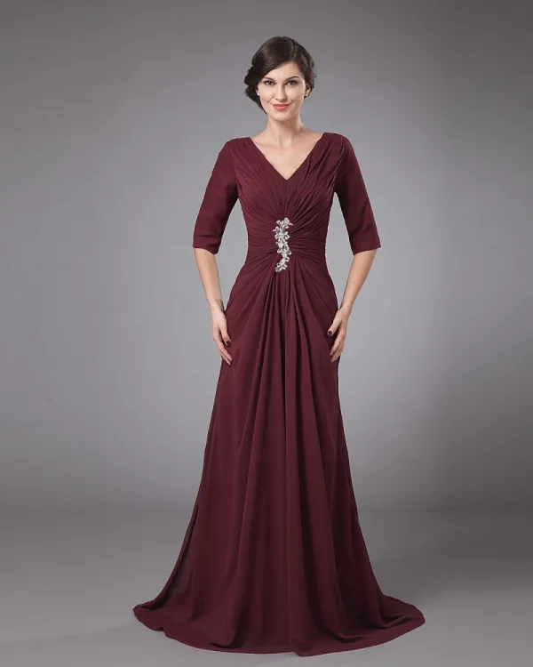 Chiffon Plissert Ruffle V Hals Gulv Lengde Modre Av Bruden Gjester Kle