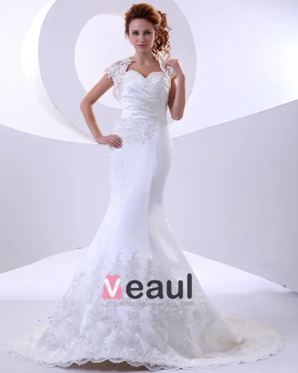 Lace Satin Applique Sweetheart Cathedral Train Sheath Wedding Dresses