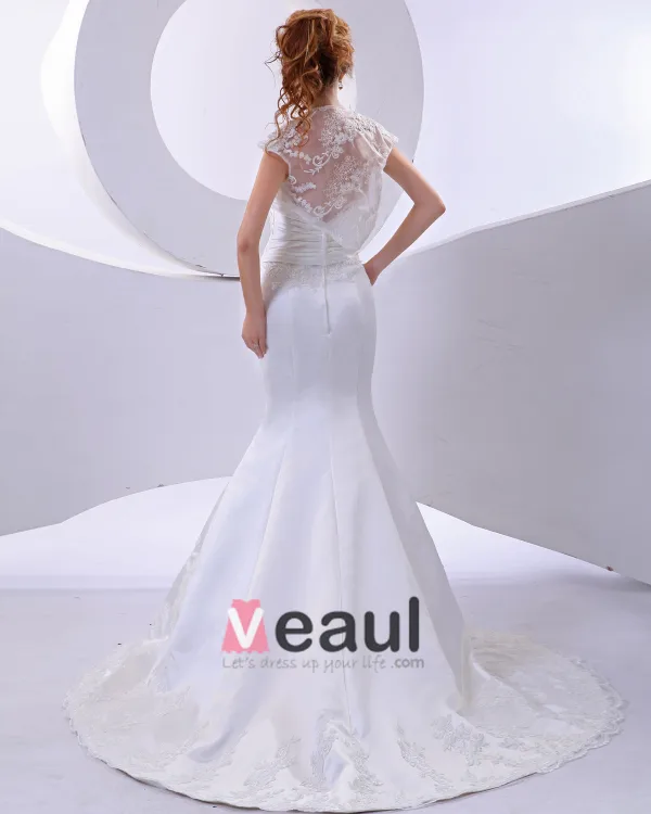 Lace Satin Applique Sweetheart Cathedral Train Sheath Wedding Dresses
