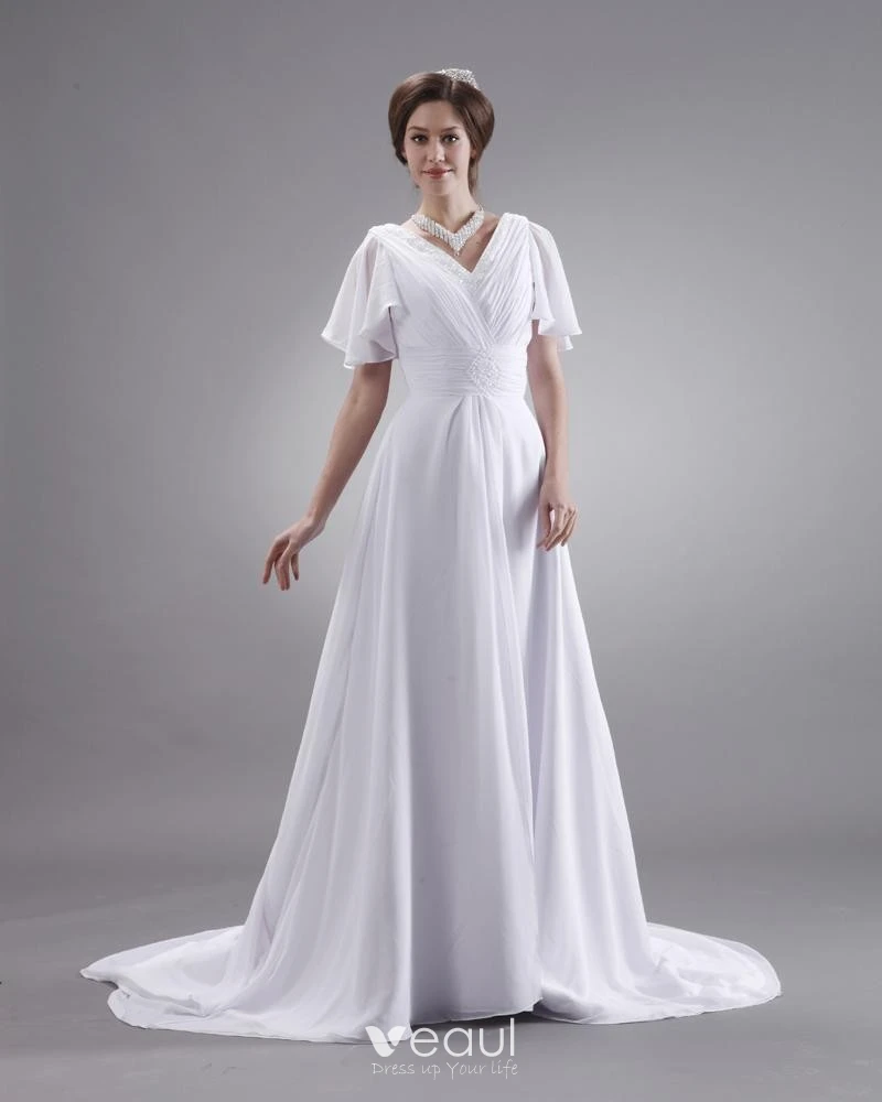 Short Sleeve Lace & Chiffon Romantic Rustic Bridal Gown - VQ