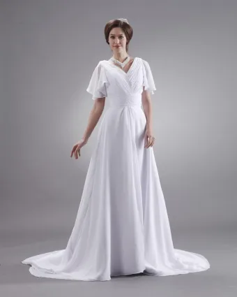 Ruffle V Neck Short Sleeve Court Plus Size Bridal Gown Wedding Dress