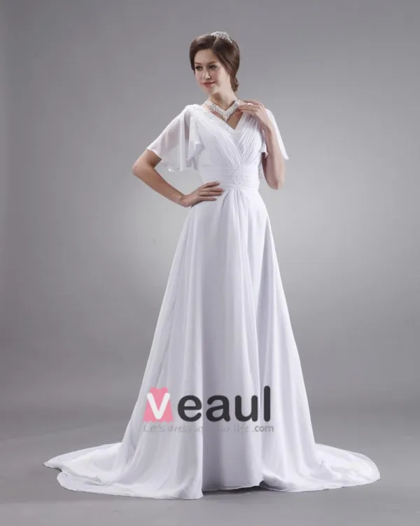 Ruffle V Neck Short Sleeve Court Plus Size Bridal Gown Wedding Dress
