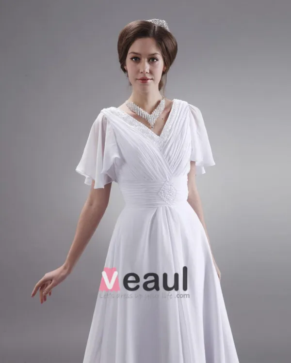 Ruffle V Neck Short Sleeve Court Plus Size Bridal Gown Wedding Dress