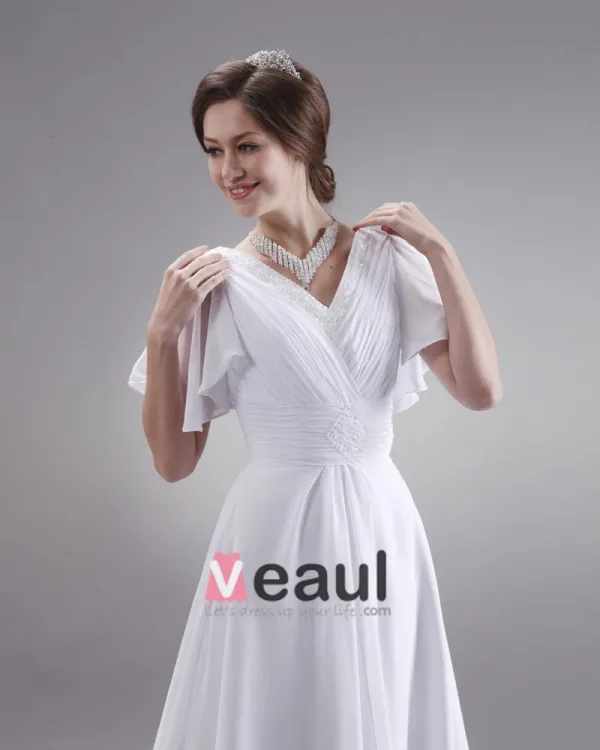 Ruffle V Neck Short Sleeve Court Plus Size Bridal Gown Wedding Dress