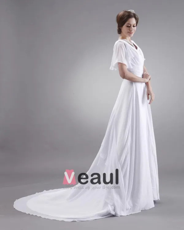 Ruffle V Neck Short Sleeve Court Plus Size Bridal Gown Wedding Dress