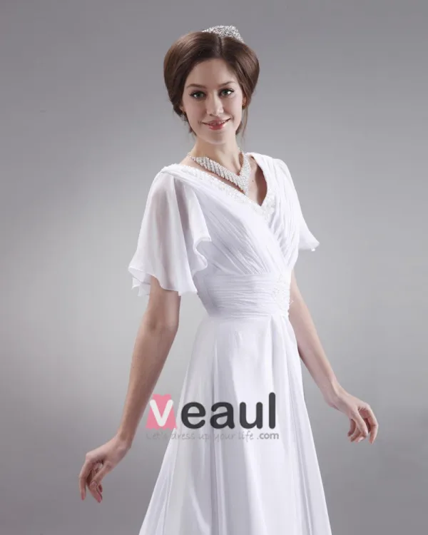 Ruffle V Neck Short Sleeve Court Plus Size Bridal Gown Wedding Dress