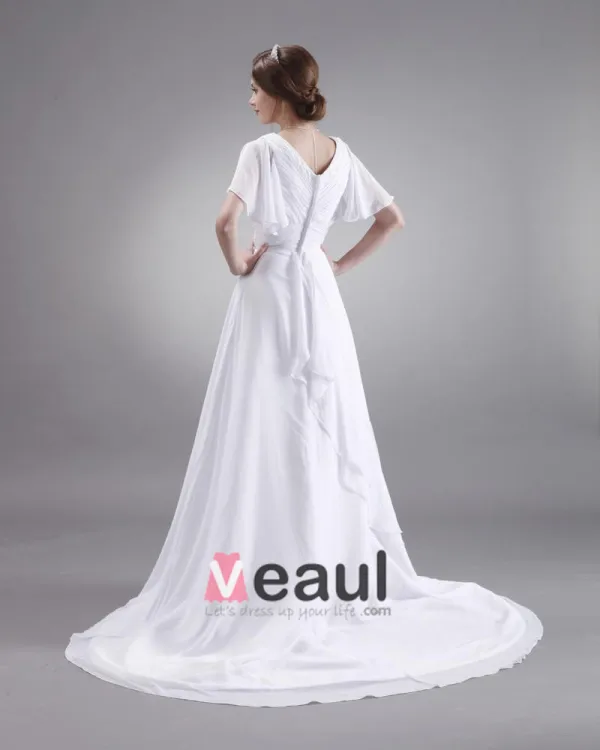 Ruffle V Neck Short Sleeve Court Plus Size Bridal Gown Wedding Dress
