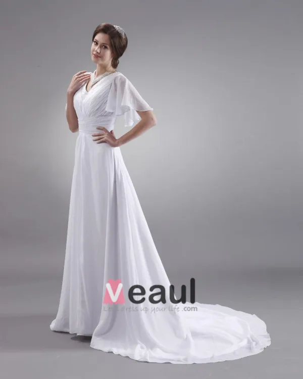 Ruffle V Neck Short Sleeve Court Plus Size Bridal Gown Wedding Dress