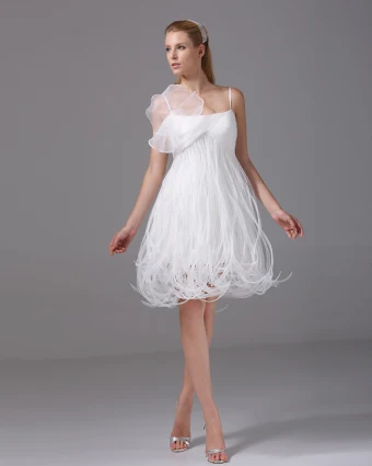 Spaghetti Straps Ruffle Knee Length Organza Satin Woman Mini Wedding Dress