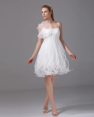 Bretelles Spaghetti Volants Genou Longueur Satin Organza Mini Robe De Mariage De Femme