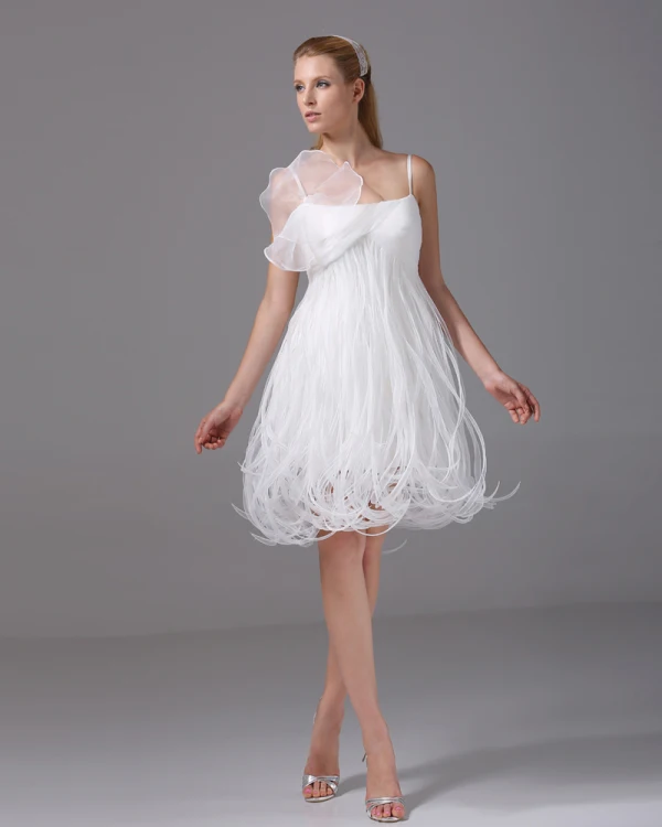 Spaghetti Straps Ruffle Knee Length Organza Satin Woman Mini Wedding Dress Spaghetti Straps Ruffle Knee Length Organza Satin Woman Mini Wedding Dress