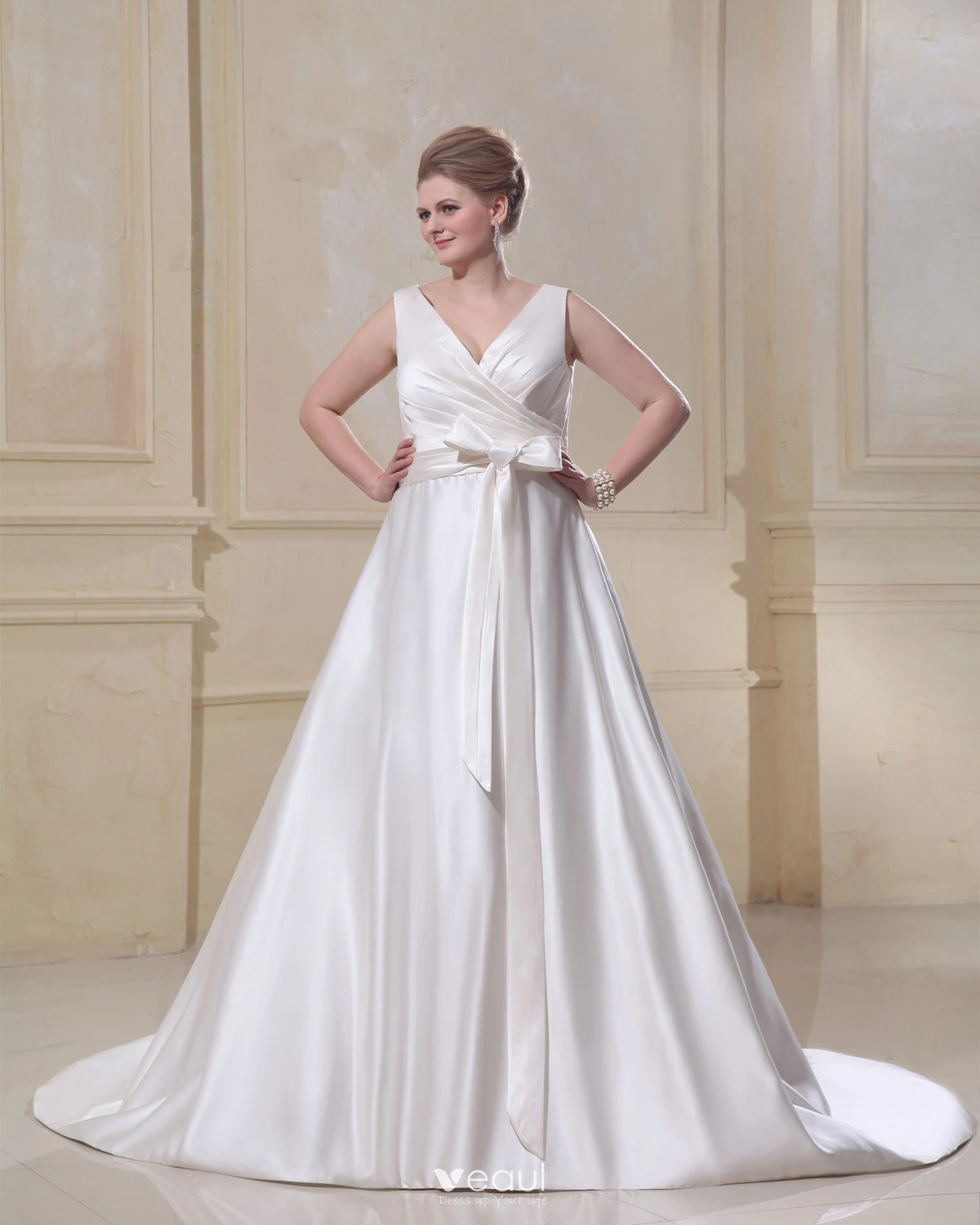 Sash Ruffle V Neck Court Plus Size Bridal Gown Wedding Dresses