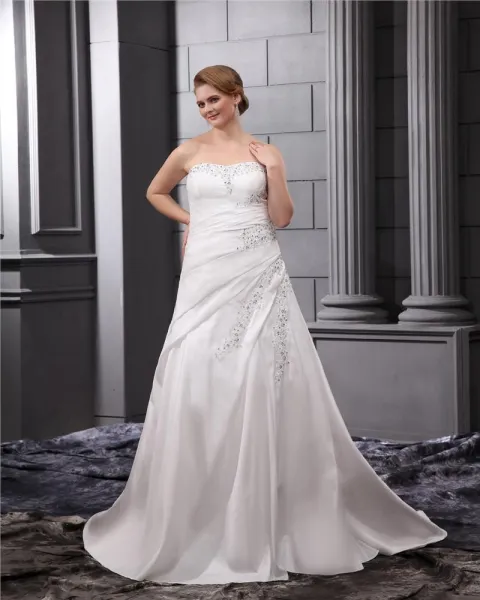 Satin Beaded Embroidery Sweep Plus Size Bridal Gown Wedding Dress