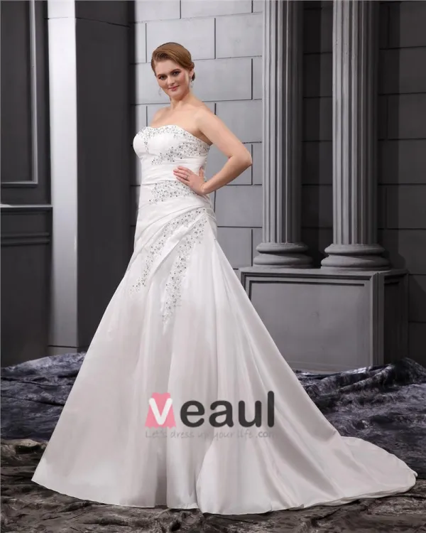 Satin Beaded Embroidery Sweep Plus Size Bridal Gown Wedding Dress