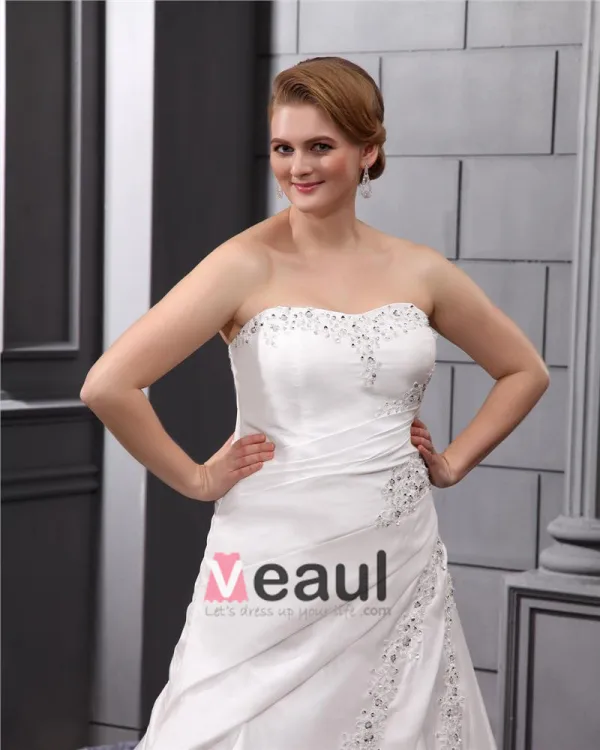 Satin Beaded Embroidery Sweep Plus Size Bridal Gown Wedding Dress